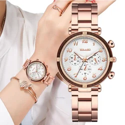 New Fashion Brand Women Quartz Watch Luxury Luxury Three Eye Numbers Rose Gold Stainless Steel Strap Student Gift Clock Watches