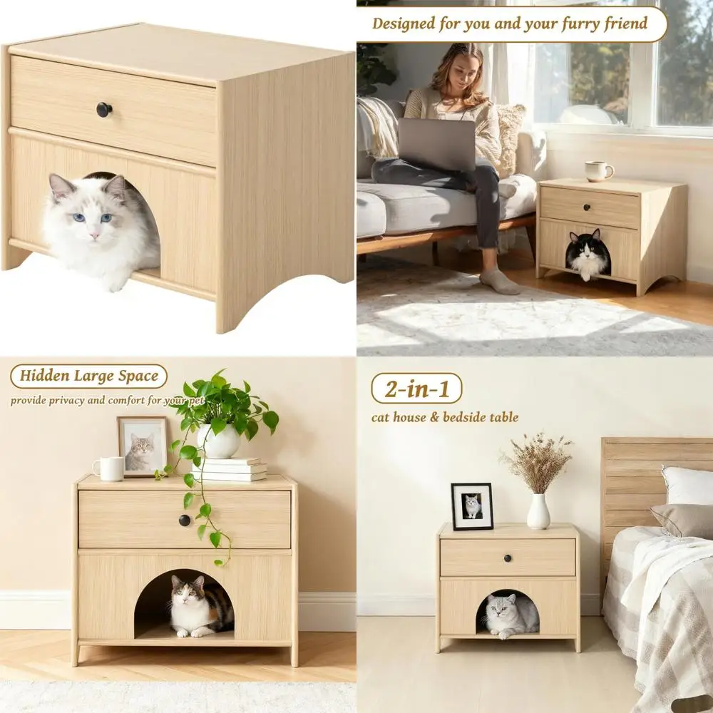

Современная деревянная прикроватная тумбочка для кошек с ящиком, тумбочка 2-в-1 и торцевой столик, компактное убежище для гостиной и спальни