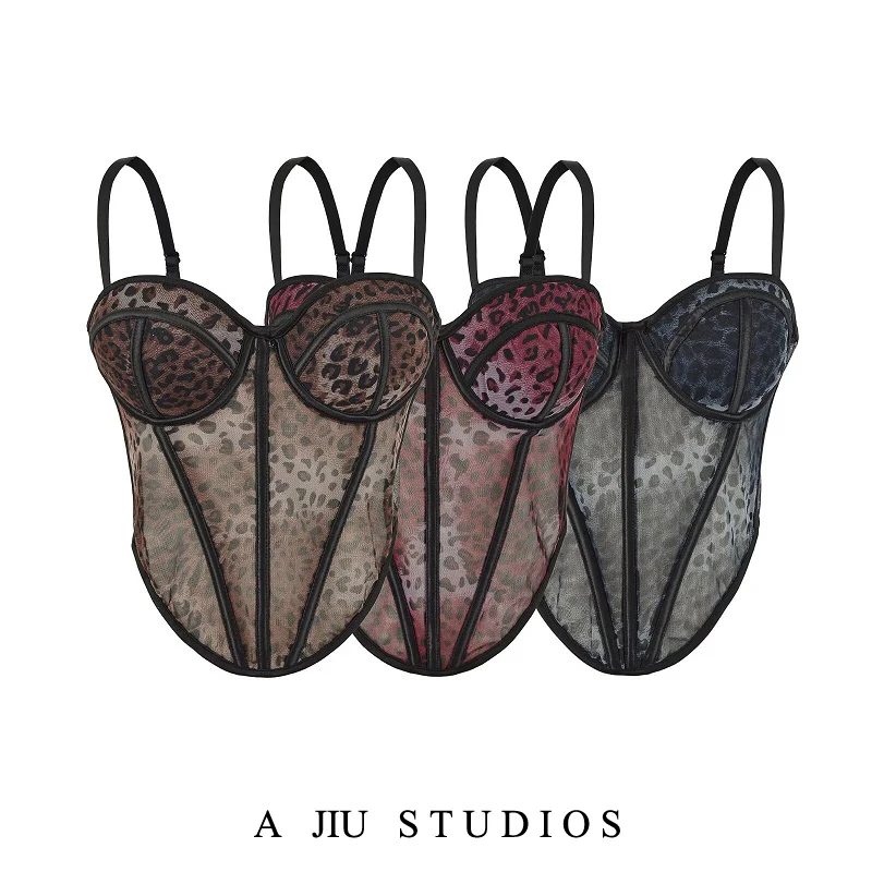 Bralette Tank Top Strap Fishbone Net Lace Inner Wear Patchwork Outerwear High Elasticity Short Length Hook Closure Side Slit
