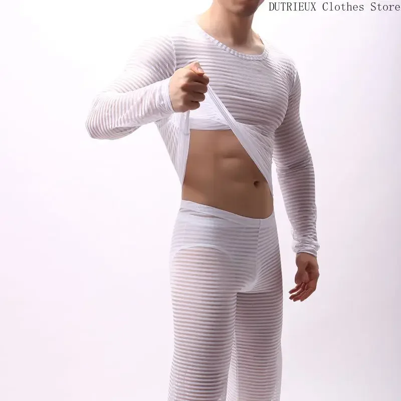 Horizontal Stripes Elastic Tight Transparent Long Sleeve T-shirt Men Sexy See-through Men's T-shirt Bar Club Party Clothing Top