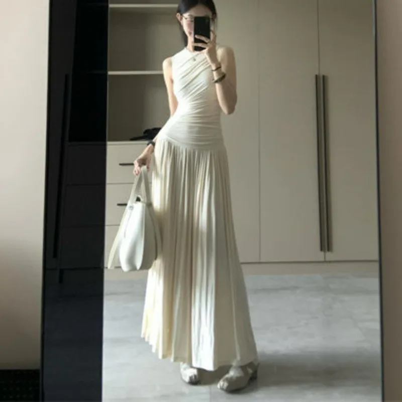 فستان ميدي عتيق مكشكش بدون أكمام للنساء بخصر عالٍ مطوي على شكل حرف A فستان طويل للسيدات ملابس صيفية أنيقة عصرية 2025