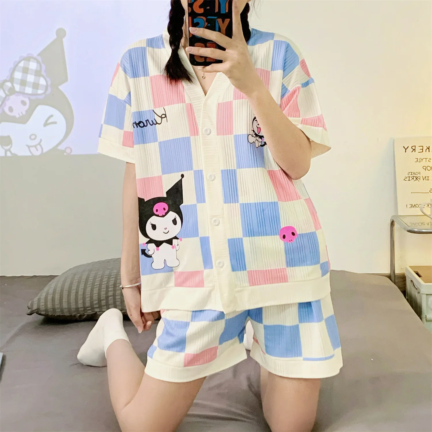 

Sanrio Kawaii Anime Cartoon series Kuromi Cinnamoroll Creative exquisite beauty value sweet cute girl home short sleeve pajamas