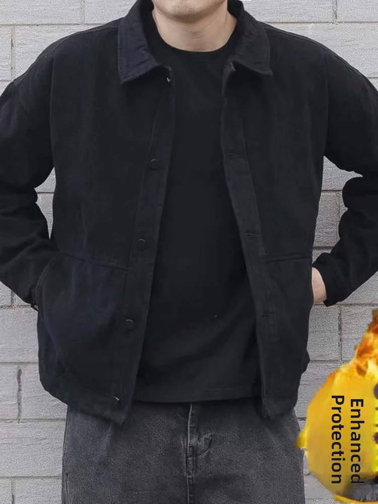 

Retro Japanese Sle Men's Denim Jaet Autumn Winter Loose Fit Bla Trendy Workwear Jaet Youthful ular Long Sve Coat