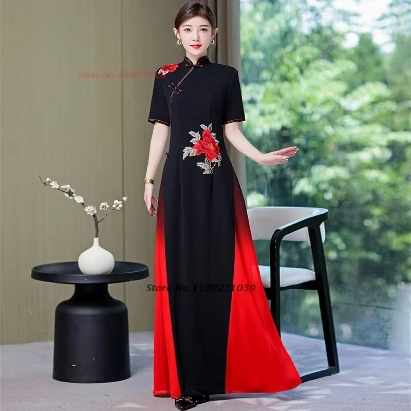 

2025 vietnam aodai dress traditional chinese improved qipao national flower embroidery cheongsam banquet evening dress qipao