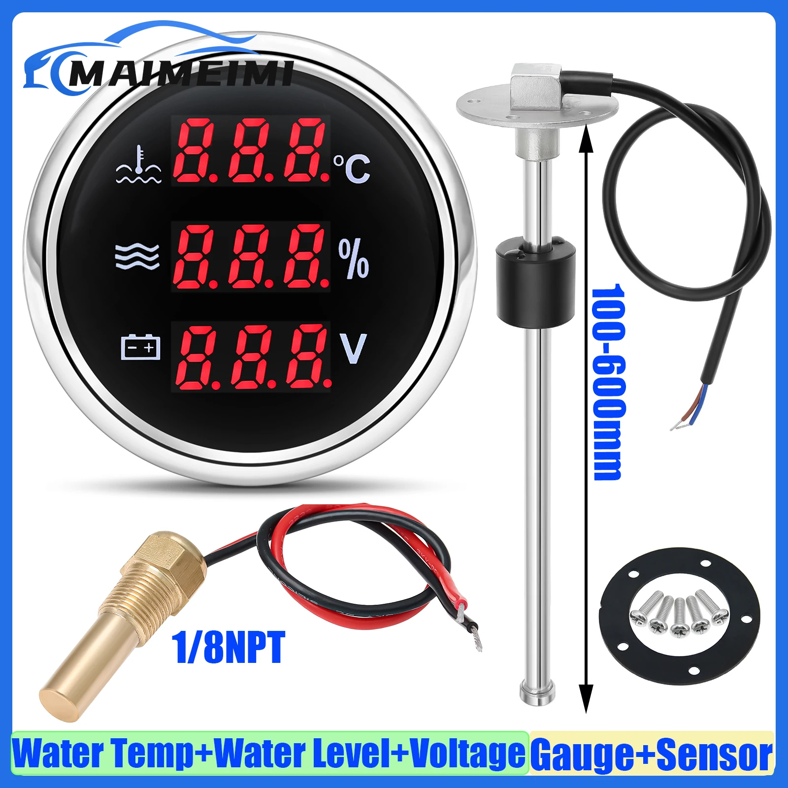 Sensor Level air 100-600mm + 3 dalam 1 suhu air + Level air + Voltmeter dengan Alarm 0-190 ohm 52mm pengukur otomatis kapal Yacht 12V 24V