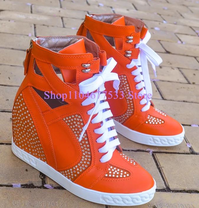 Yellow Color Leather Crystal Lady Ankle Boots Fashion Hollow Out Increasing Heel Woman Platform Shoes Female Wedge Casual Shoes