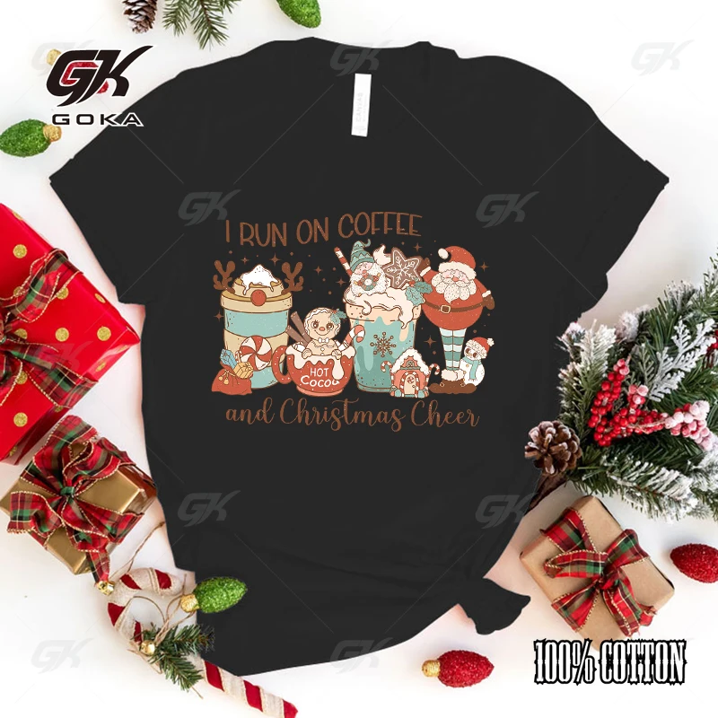 I Run On Coffee And Christmas Cheer Letter Print T-Shirt Women'S Fashion Casual Summer Cool Shirs Unisex I Run On Coffee top