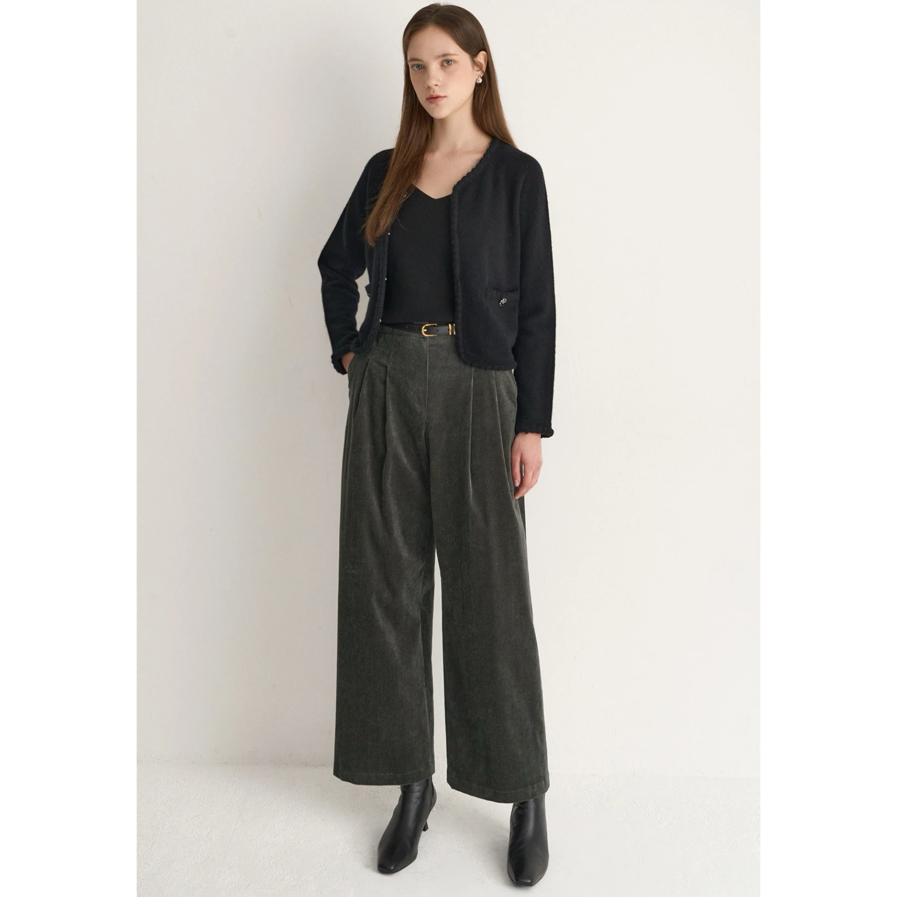 

Faionable Lemon Cheese Mid-High Waist Straight Leg Pants Elastic Pleated Corduroy Women's Busin Casual Trousers