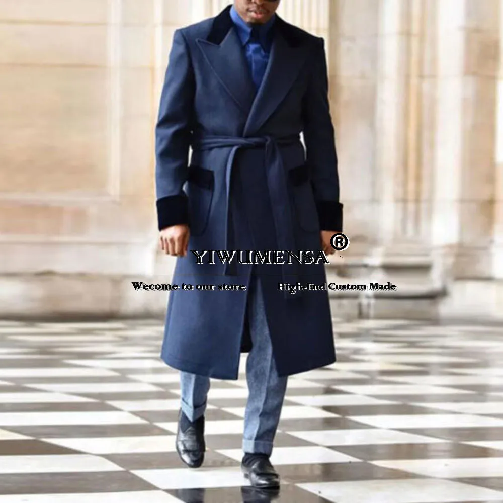 

Bespoke Man Suit Jacket Long Navy Blue Tweed Wool Blend Trench Coat Long Formal Party Prom Blazer Groom Tuxedo Men's Overcoat