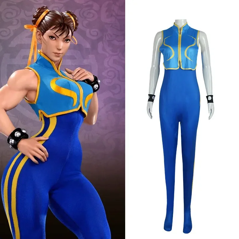 Traje cosplay Li para mulheres e meninas, bodysuits elásticos, terno Chun-Li com pulseira e laços de cabelo
