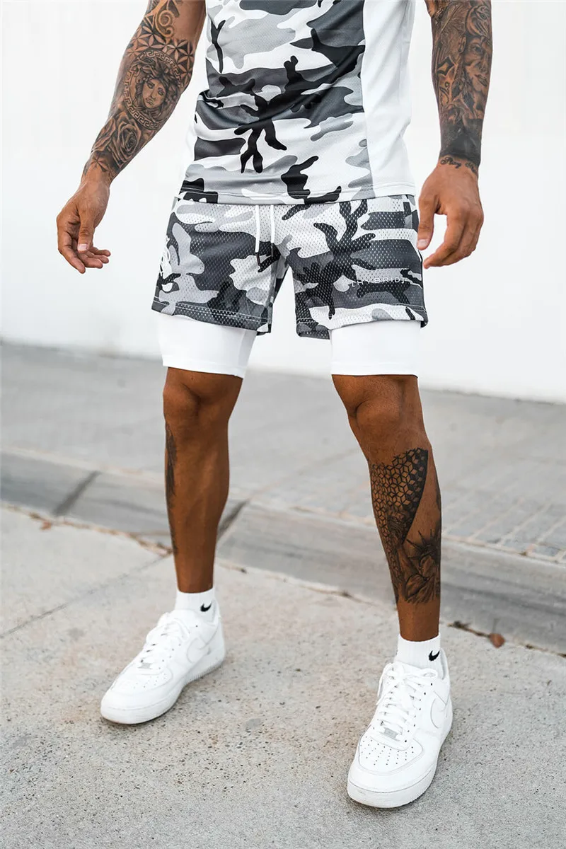 Men's Double Layer Jogger Shorts 2 in 1 Short Pants Gyms Fitness Built-in Pocket Bermuda Quick Dry Beach Shorts Male Sweatpants