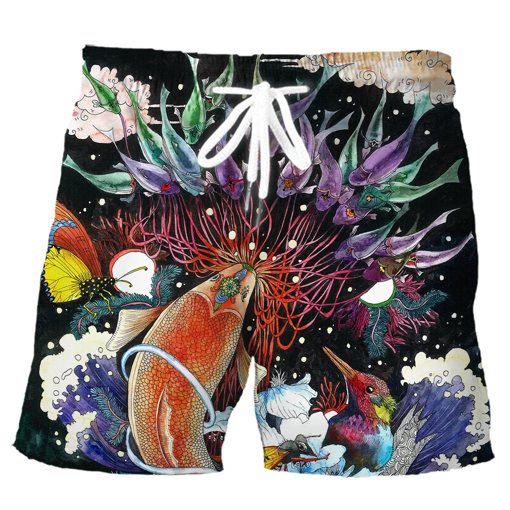 HX موضة السراويل الرياضية Ukiyo-e موجة كوي فينيكس لوتس الفن ثلاثية الأبعاد السراويل المطبوعة الصيف البوليستر الرجال عادية مجلس السراويل S-5XL #2
