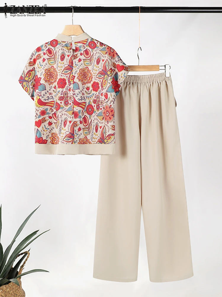 2PCS Vintage Matching Sets Summer Women Trousers Suit ZANZEA Elegant Short Sleeve Floral Blouse Pant Sets Casual Work Tracksuit