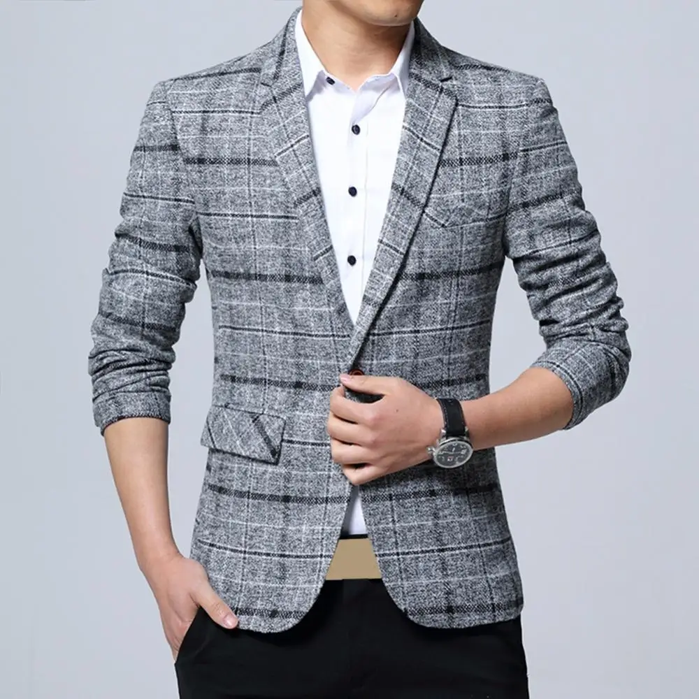 2024 Plaid Suit Jacket Male Linen Plaid Business Blazer Fashion Men Lapel Slim Fit Blazer Jacket Coat Button Decor Business Suit