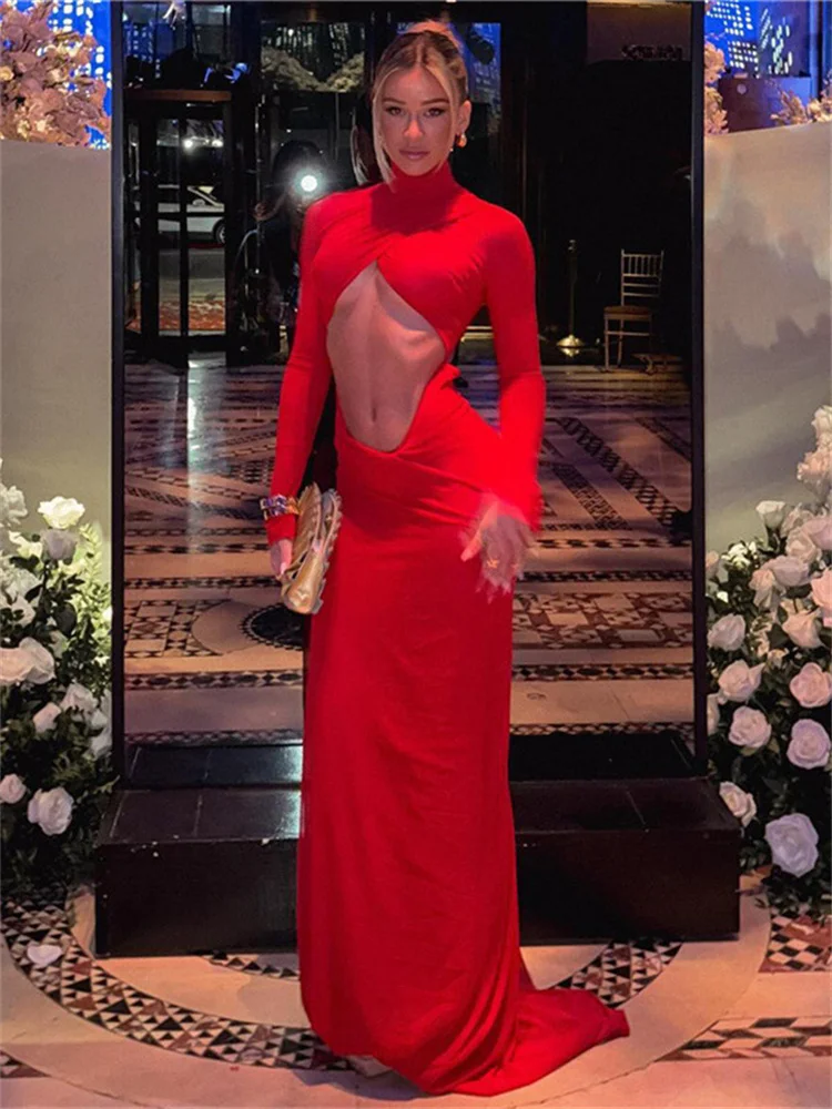 

Macheda Ruched Hollow Dress Women Turtleneck Waistless Full Sleeve Skinny Stretch Midnight Prom Party Classic Elgeant Outfits