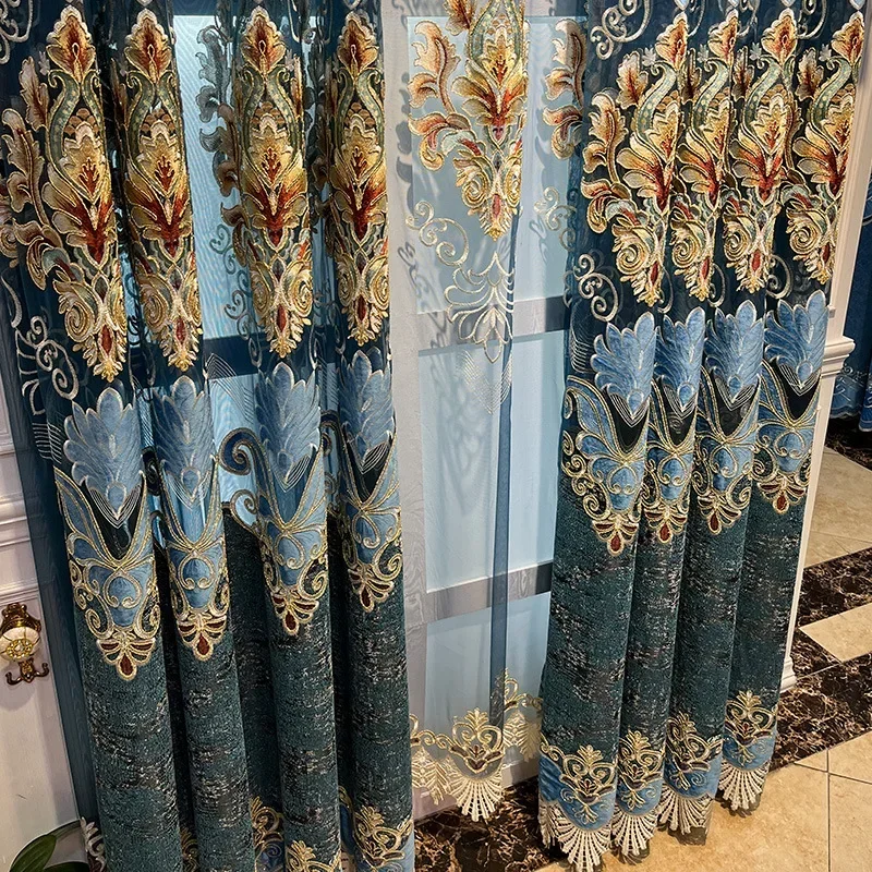 Villa European Light Luxury Palace Living Room High-end Atmospheric Hollow Embroidered Chenille French Embroidered Curtain