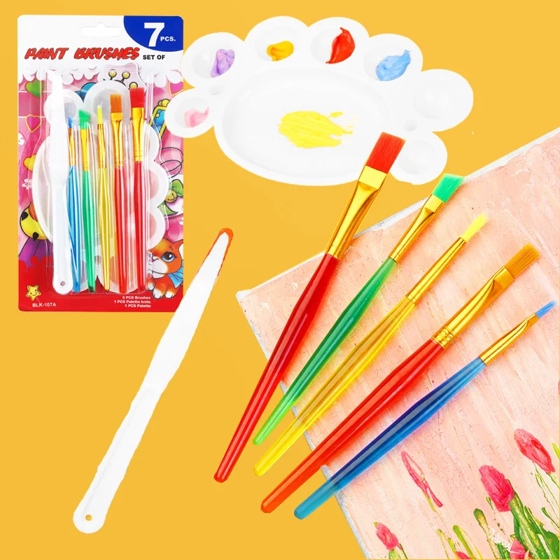 

7pcs Nylon Brush Set with Scraper and 8 Well Palette for Children's Creative Painting DIY Handmade Graffiti