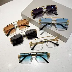 Retro Double Bridge Rimless Sunglasses Metal UV400 Cheetah Decor Sun Glasses Oversized Square Shades for Women & Men