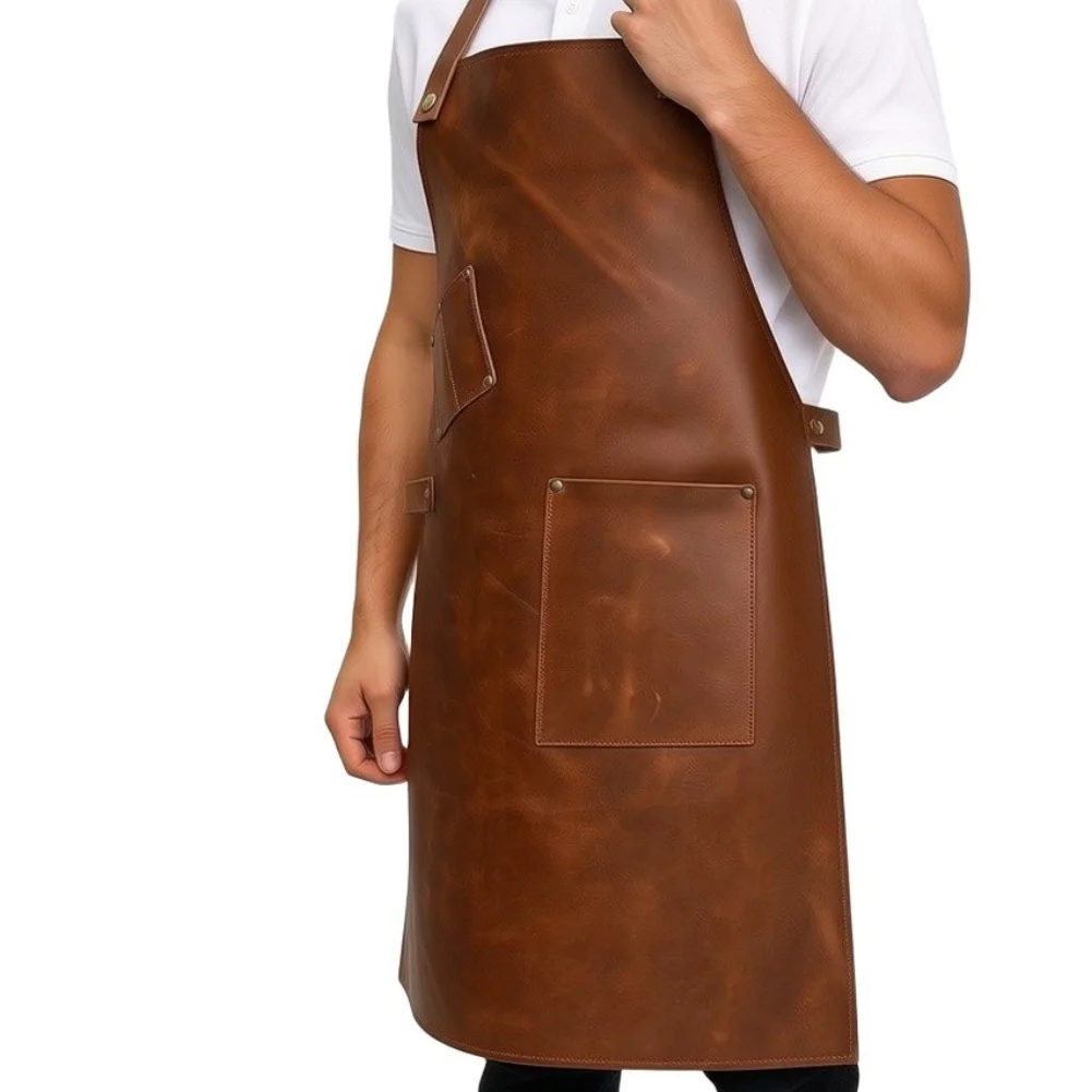 Grilling apron made from PU leather with oil-repelling finish and For watertight layer plus two pockets for quick item retrieval