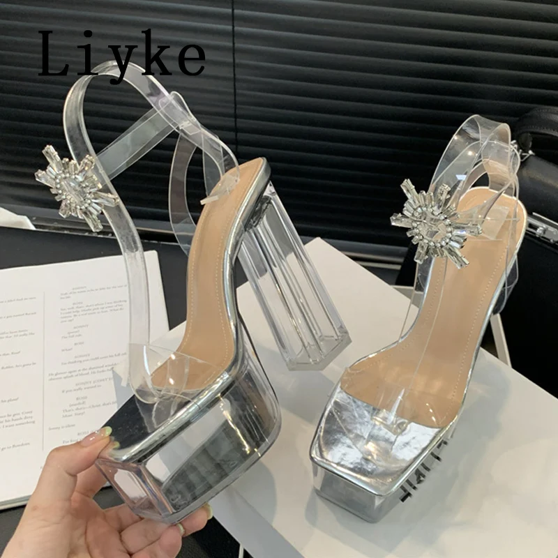 Liyke-salto alto plataforma para mulheres, fivela de strass, alça de tornozelo robusto, estilo pista, sandálias transparentes senhoras, casamento, sapatos de baile