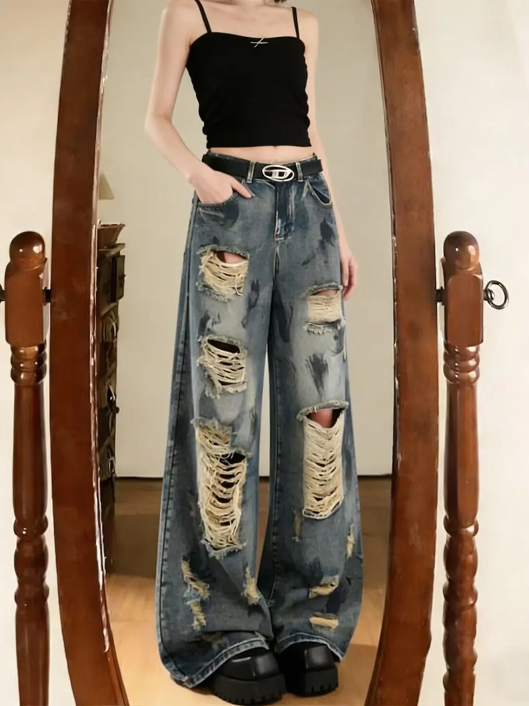 Loose Wide Leg Jeans Women's Summer Design Sense Splashed Ink Hole Punching Jeans Ladies Casual Straight Cut Denim Trousers