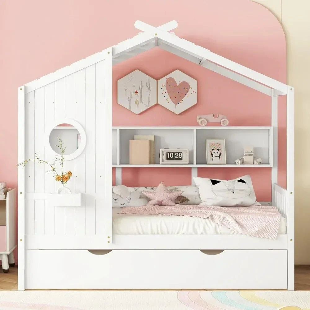 Twin Size Wooden House Bed Wood Slat Support house shape with Trundle,Frame with Storage Shelf for Kids Modern Design Kids Bed