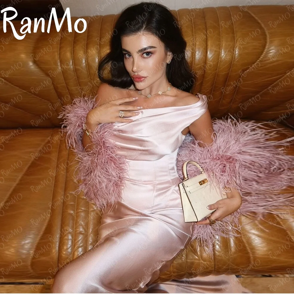 

Ranmo 2025 Customized One Shoulder Pink Soft Stain Sleeveless Bridal Party Feather shawl Mermaid Customsied Evening Gown Dress