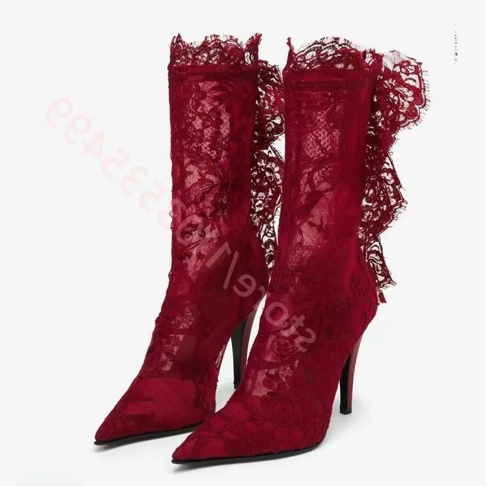 

Black Red Mesh Party Lace Boots 2025 Autumn New Sexy Ladies Thin High Heel Wedding Shoes Fashion Model Catwalk Zipper Boots