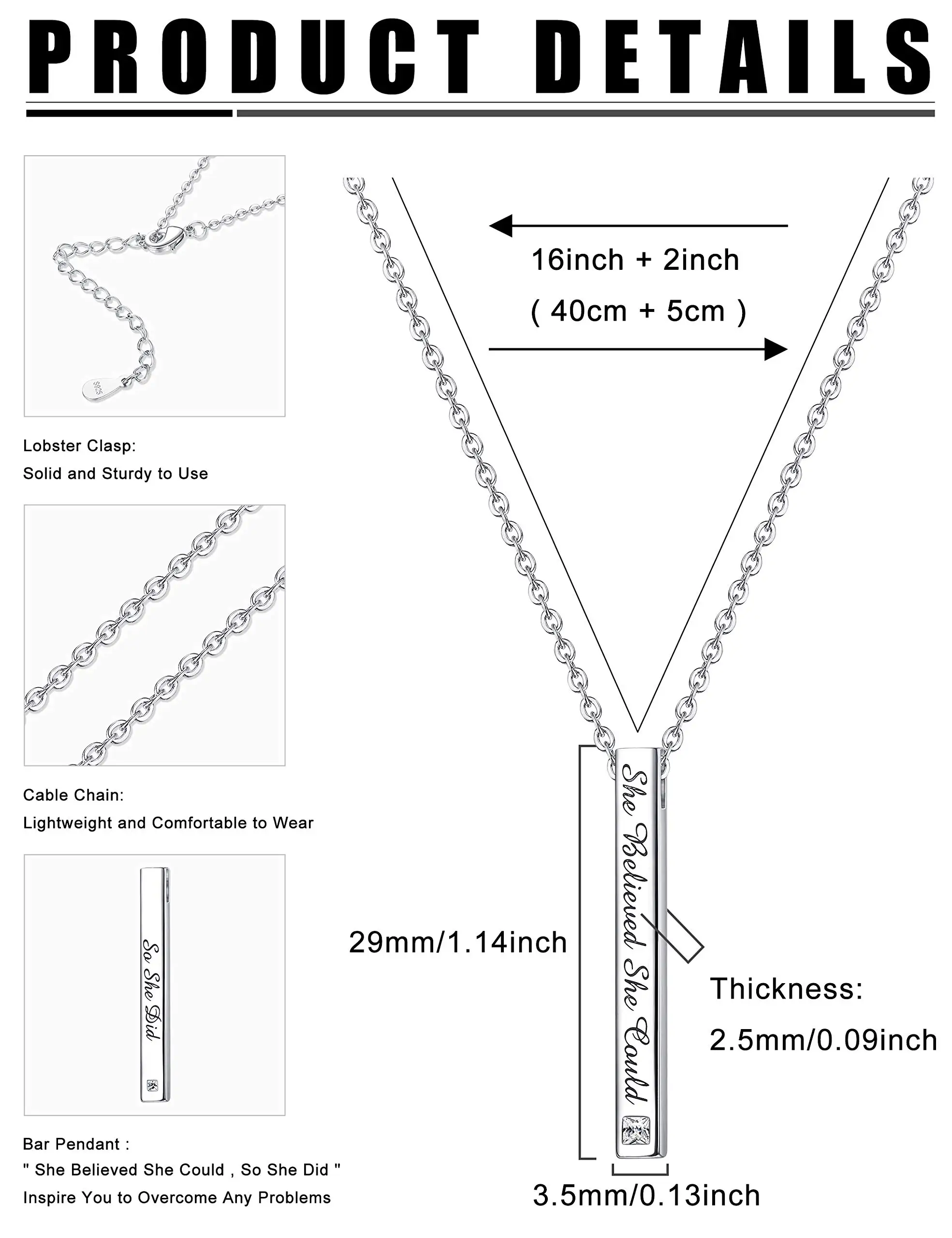 Fansilver S925 Sterling Silver Engraved Necklaces Rectangular Pendant Platinum Plating O-Chains Neck Chain Gift For Friends