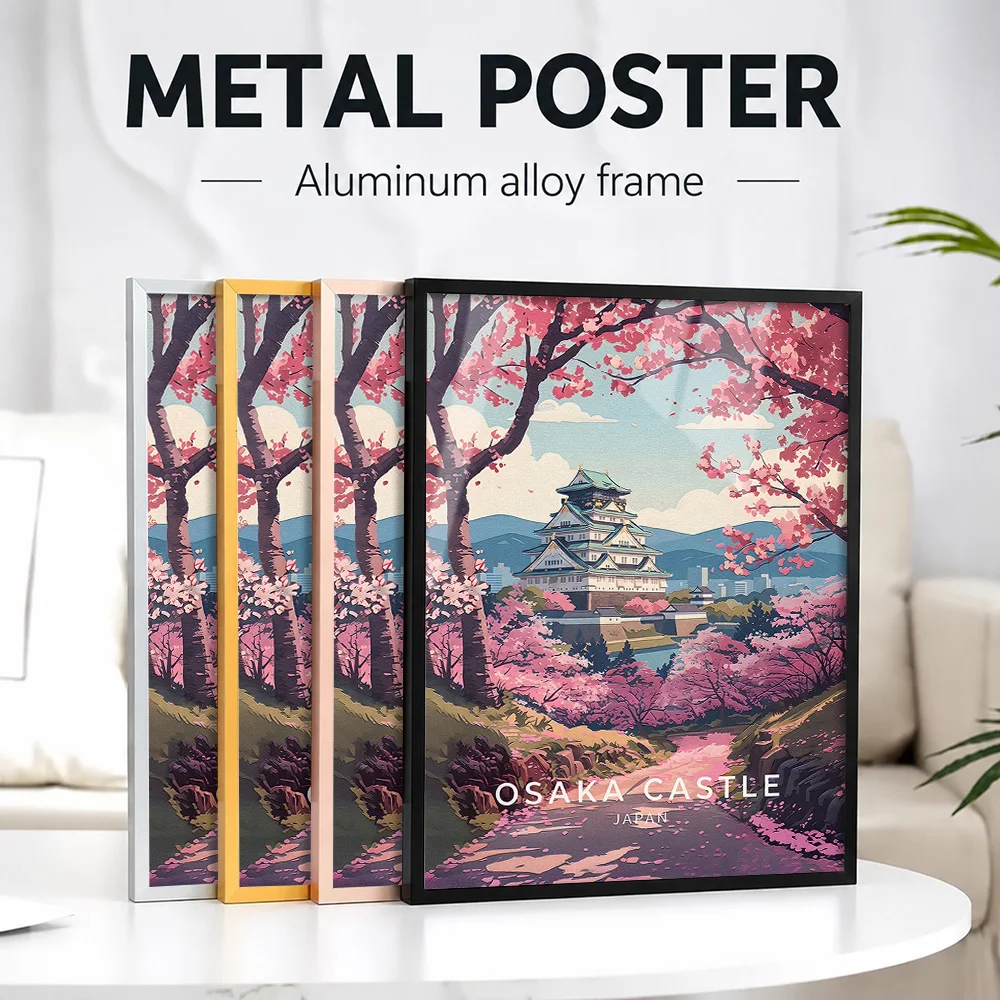 Osaka Castle Cherry Blossom Travel Framed Aluminum Metal Poster Customized Photo Bold Heroic Style Wall Art For Collector Room