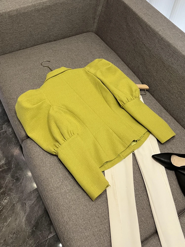 신상 여성 슬림핏 롱 슬리브 브이넥 버블 슬리브 자켓 두 개의 버튼 개성 있는 아우터웨어 출퇴근용 순색