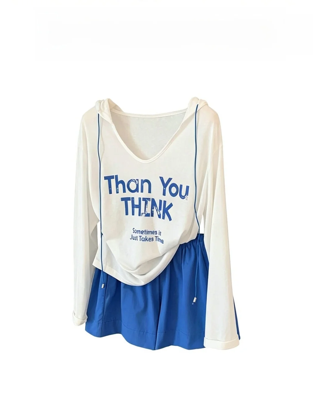 

Women's Summer Loose Fit Sun Protection Outfit Set Casual Travel High Waist Shorts Letter Print Hat T-Shirt Blue Cotton Blend
