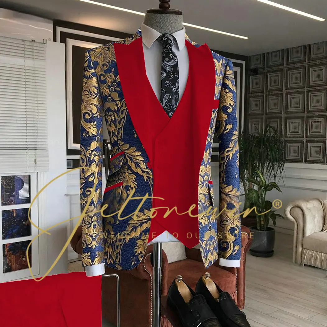 

Luxury Navy Blue Gold Jacquard Suit Male Set Slim Fit Wedding Groom Dress Tuxedos Peaked Lapel Blazer Red Vest Pants 3Pcs 2025