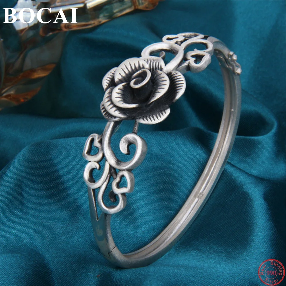 

BOCAI S990 Sterling Silver Charm Bracelet for Mother Women Popular Hollow Rose Bangle Pure Argentum Amulet Jewelry Lover's Gift