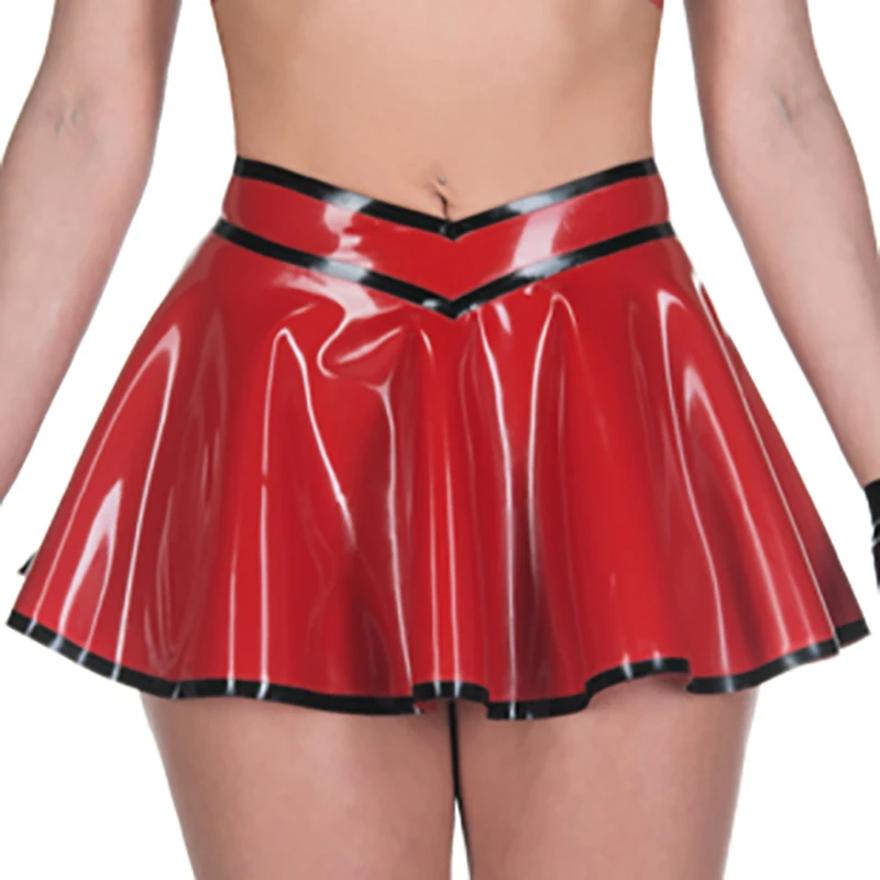 Red And Black Long Sexy Mini Latex Swing Skirts Without Zipper Above Knee Length Rubber Bottoms 062