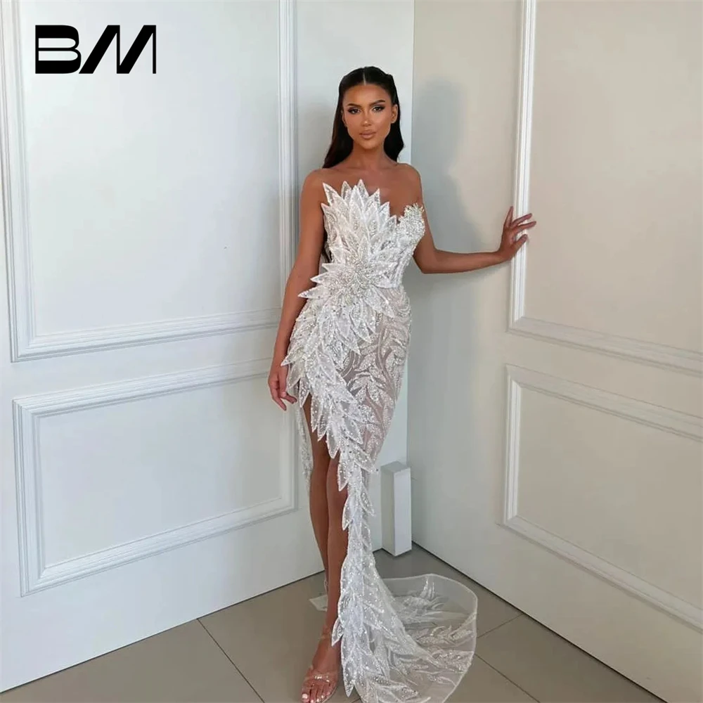 

Strapless Mermaid Evening Dress Beading Sequined Shaped Shoulder Long Prom Dresses Customized Tulle Sexy Illusion Party Gown