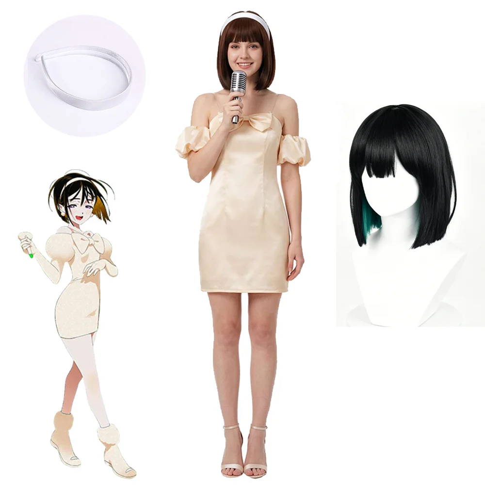 Disfraz de Cosplay Alien Stage Sua, Vestido Mini de Satén con Hombros Descubiertos, Vestido Corto Ajustado, Peluca Bob Negra con Cabello Verde en el Interior, Halloween