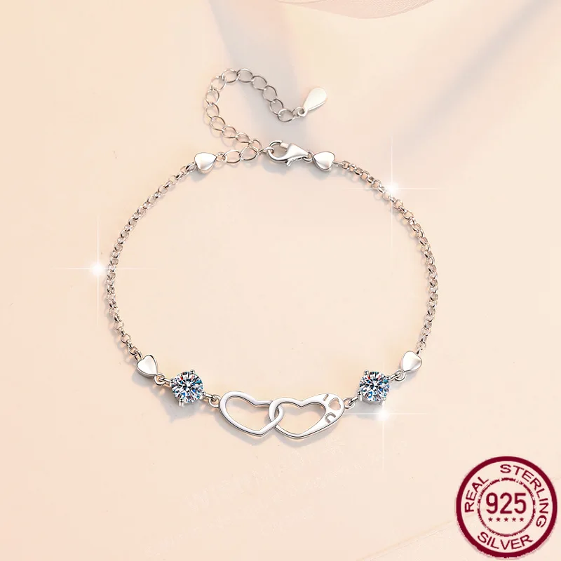 

Новый браслет из муассанита для женщин, 1 карат, двойное кольцо в форме сердца, браслет из чистого серебра S925, ювелирные изделия GRA, свадебные украшения