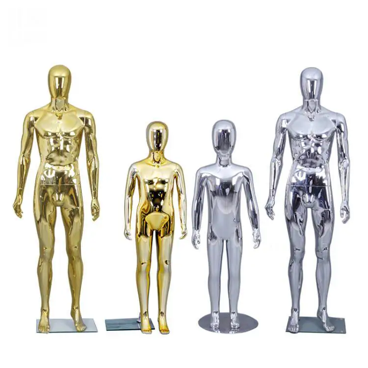 Family Set Full Body Electroplated Mannequin, Male Female Kid 3Pcs Mannequin Set, Parent-child Clothing Display Dummy