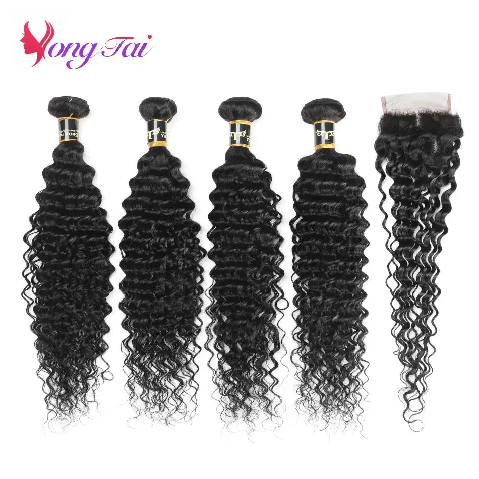 YuYongtai Brazilian Hair Weave 4 Bundles With Lace Closure 4x4 Deep Curly Human Hair Extenions Natural Color Non-Remy Hair