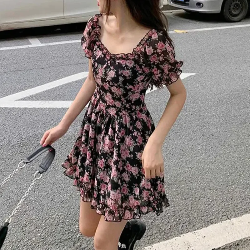 

Women's Summer Dress, Puff Short Sleeve Square Neck High Waist A-Line Mini Sweet Dresses