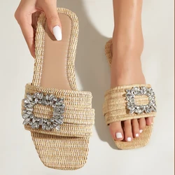 Aneikeh Summer Casual Fashion Square Headed Cane Knitted Flat Heels for Women Slippers Flat Bottom Crystal Sandals Beach Slides
