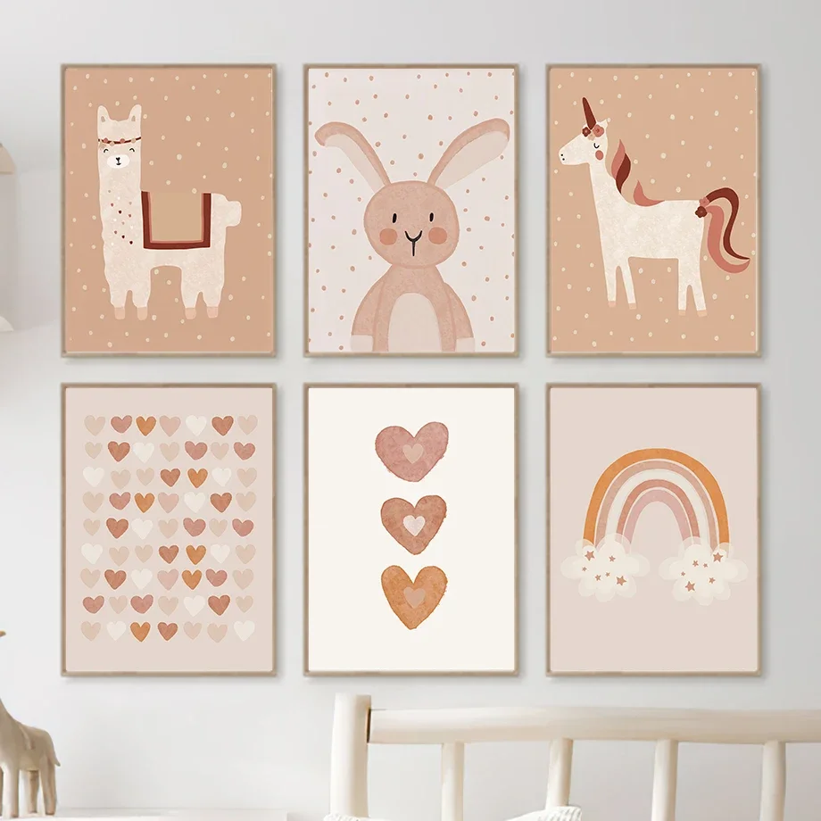 

Bohemian Cartoon Alpaca Rabbit Rainbow Love Wall Art Canvas Painting Nordic Posters And Prints Wall Pictures For Kids Room Decor