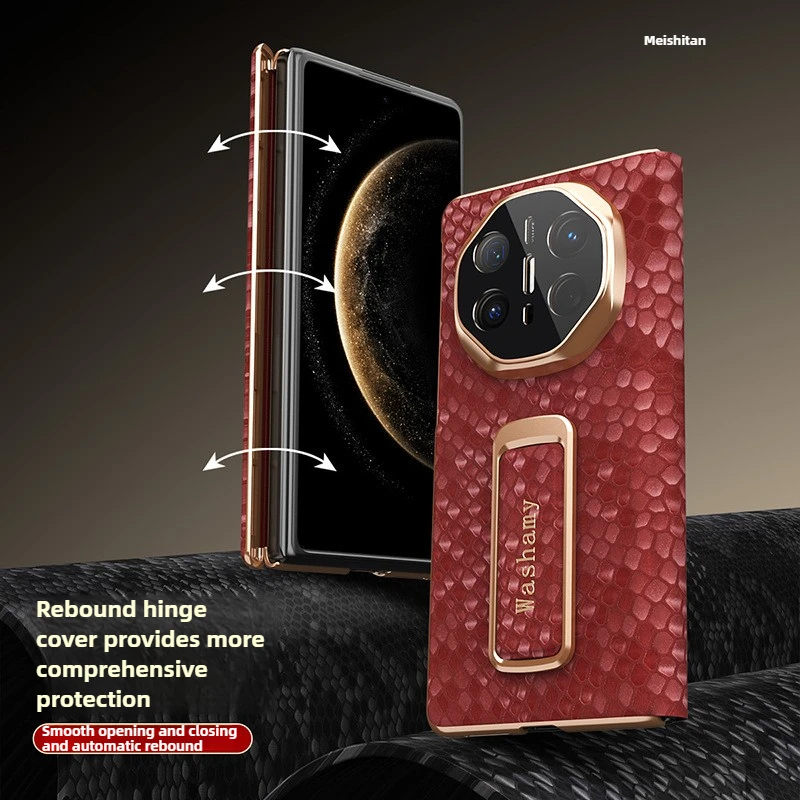 

Magnetic Genuine Cowhide Dragon Scale Texture Leather Case for Huawei Mate X6 X5 X3 Axis Rotary Alloy Wrist Strap Bracket Shell