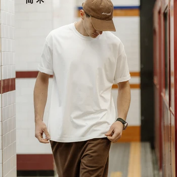 SIMWOOD 남성용 100% 코튼 원단 티셔츠, 하이 퀄리티 단색, 드롭 슬리브, 루즈 티셔츠, 오버사이즈 상의, 250g, 2024 여름 신상