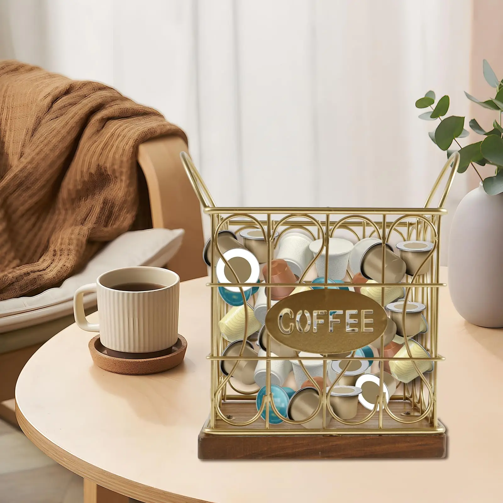 Coffee Pod Holder with Wood Base Large Capacity Coffee Pod Organizer Coffee Pod Basket Holder Stylish Coffee Pod Storage Coffee