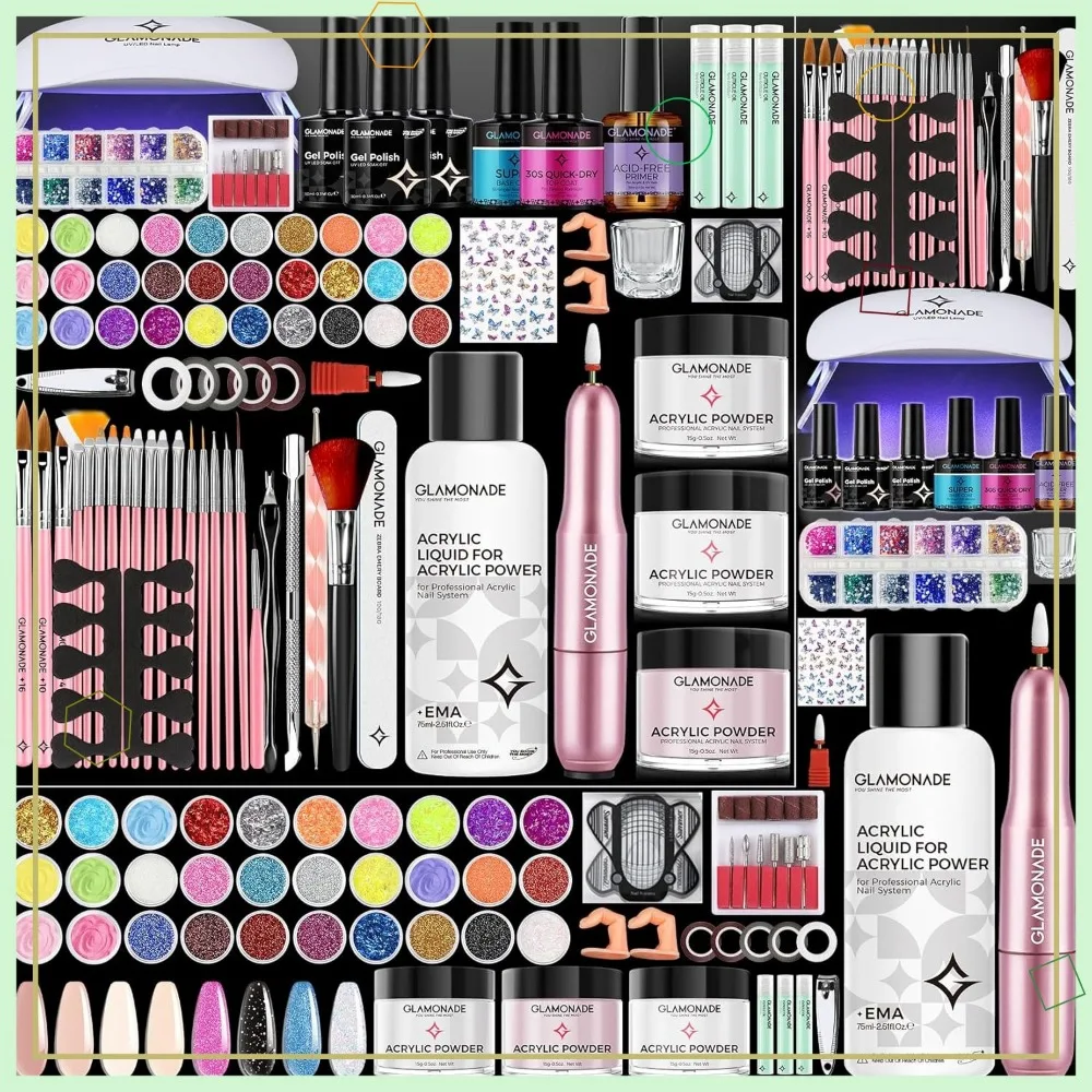 Kit d'ongles en acrylique pour débutant avec perceuse, lampe UV, vernis et outils pour usage domestique en salon