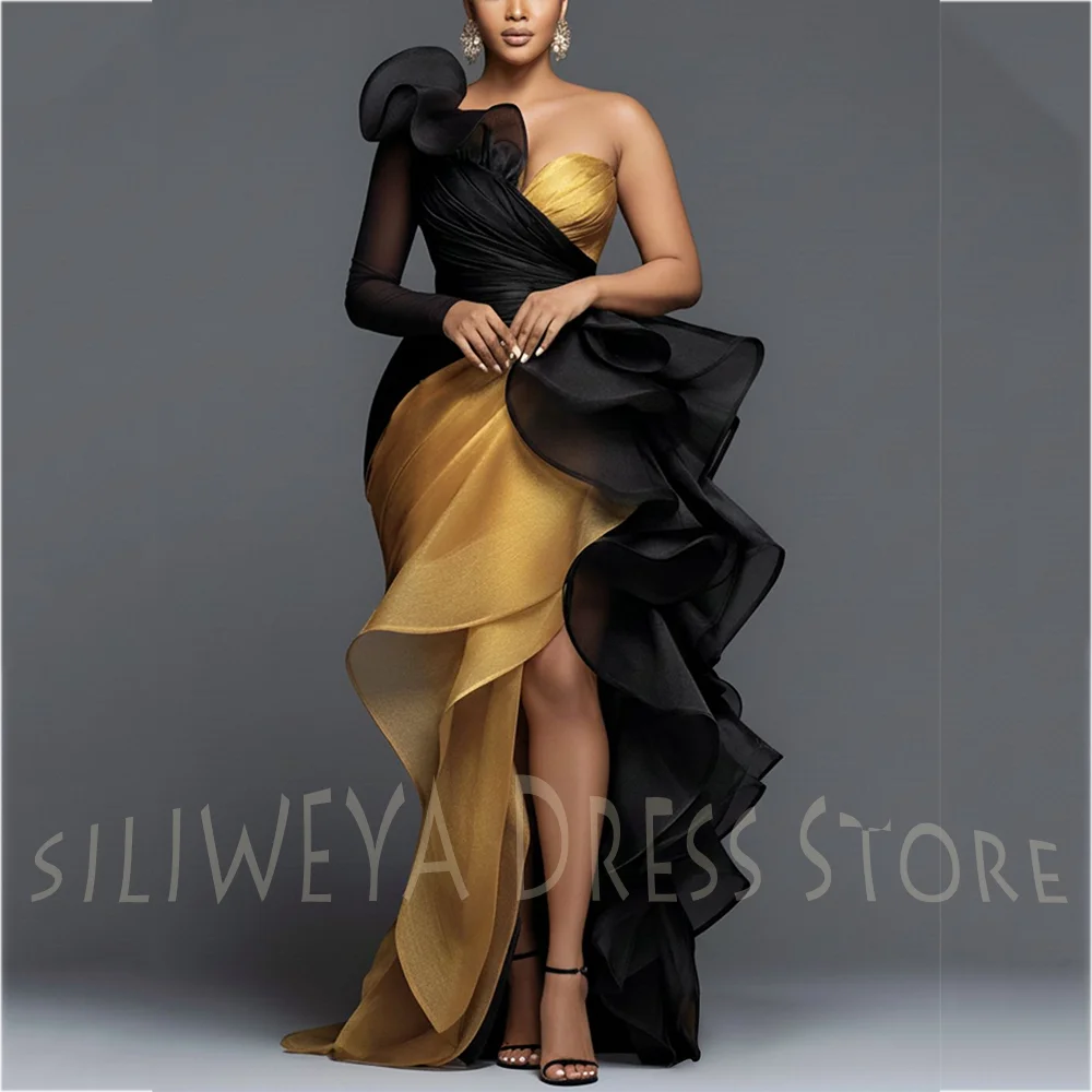 Vintage One Shoulder Evening Dresses Side Slit Long Sleeve Chic Pleat High Quality Floor Length Red Carpet Formal Prom Gown