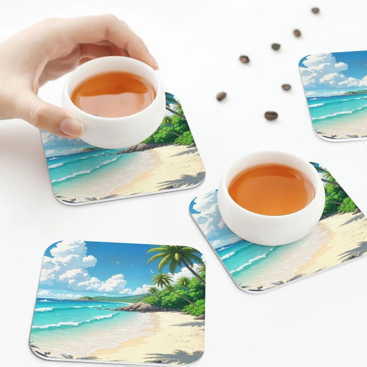 

Ocean Waves Tropical Beach Summer Coasters Leather Placemats Non-slip Insulation Coffee Mats Home Kitchen Dining Pads Set of 4