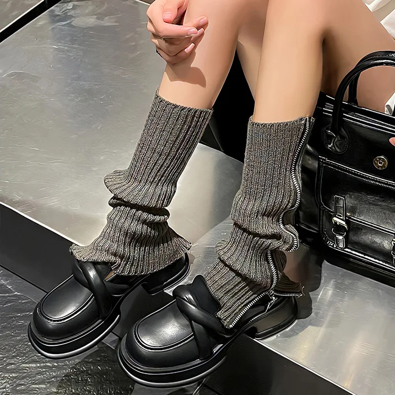 Серые носки с боковой молнией для девочек, осенние и зимние студенческие стильные простые и универсальные трендовые носки для сохранения тепла